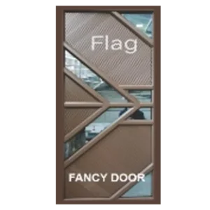 Geometric-designed door with the label Flag Fancy Door. It has a mix of diagonal and triangular panels in brown, with a reflective surface showing part of an interior space.Its Called Aluminium Door – Single (Flag)