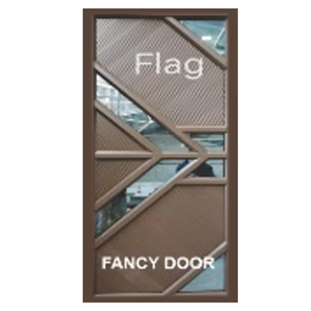 Geometric-designed door with the label Flag Fancy Door. It has a mix of diagonal and triangular panels in brown, with a reflective surface showing part of an interior space.Its Called Aluminium Door – Single (Flag)