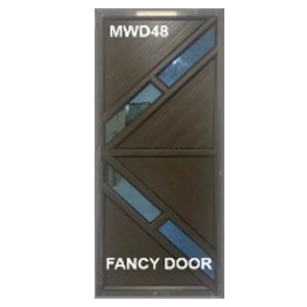 Geometric-designed door with the label Fancy Door. It has a mix of diagonal and triangular panels in brown, with a reflective surface showing part of an interior space.Its Called Aluminium Door – Single (MWD48)