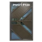 A modern door design labeled PIVOT F120 featuring geometric wooden panels and glass inserts. The panels form diagonal patterns, creating a stylish and contemporary look. Its called Aluminium Fancy Pivot Door 1.2M x 2.1M