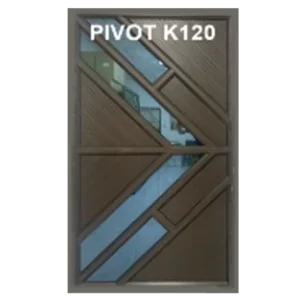 A modern door design labeled PIVOT K120 featuring geometric patterns with diagonal and rectangular panels. The door is dark-colored with sections of glass that allow visibility through some parts. Aluminium Fancy Pivot Door 1.2M x 2.1M (PIVOT K120)