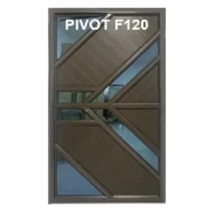 A modern door design labeled PIVOT F120 featuring geometric wooden panels and glass inserts. The panels form diagonal patterns, creating a stylish and contemporary look. Its called Aluminium Fancy Pivot Door 1.2M x 2.1M