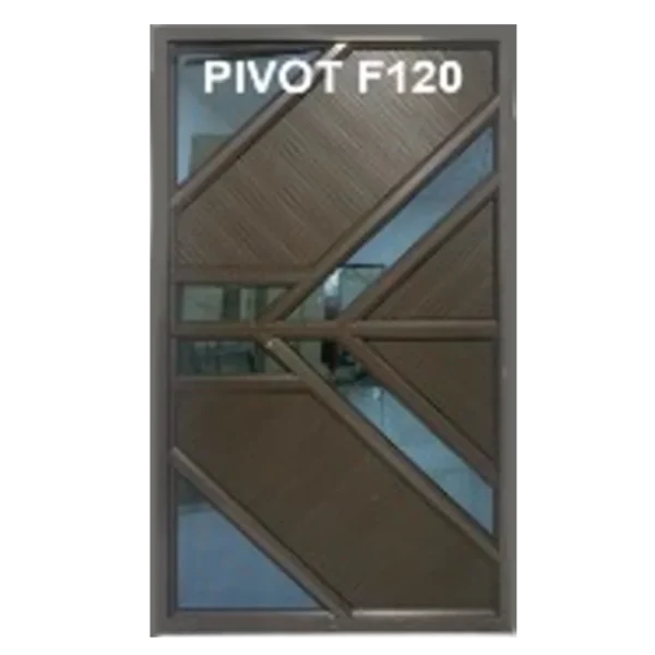 A modern door design labeled PIVOT F120 featuring geometric wooden panels and glass inserts. The panels form diagonal patterns, creating a stylish and contemporary look. Its called Aluminium Fancy Pivot Door 1.2M x 2.1M