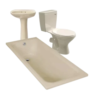 Bathtub, sink, and toilet in beige. The bathtub is in the foreground, the pedestal sink is on the left, and the toilet with a closed lid is on the right. All items are against a white background. Set name is Bathroom Set 7 Pieces Almond / Ivory