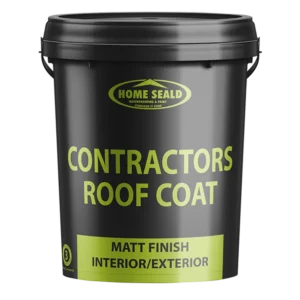 Black container of Home Seald Contractors Roof Paint Coat. Text on the container reads Matt Finish Interior/Exterior.