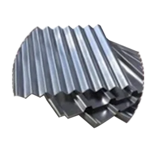 Stack of corrugated sheet 0.3mm with a shiny surface, arranged in a slightly overlapping manner. The wavy pattern is visible, indicating typical roofing material.