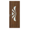 Wooden door with a stylish abstract design in white near the center. It features a silver handle on the left side. The background is black, highlighting the door. Its Called Full Heavy Duty Single PVC Door With Glass Tulip Panel