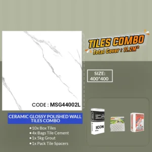 Discover our Ceramic glossy polished wall tiles combo with a stunning stone pattern. This package includes 10 boxes of tiles, 4 bags of tile cement, a 5kg grout, and a pack of tile spacers. Covering 11.2m² with ease, each tile measures 400x400mm—perfect for sleek and safe surfaces.