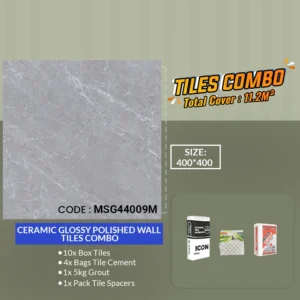 Discover our Ceramic Glossy Polished Wall Tiles Combo MSG44009M with a stunning stone pattern. This package includes 10 boxes of tiles, 4 bags of tile cement, a 5kg grout, and a pack of tile spacers. Covering 11.2m² with ease, each tile measures 400x400mm—perfect for sleek and safe surfaces.