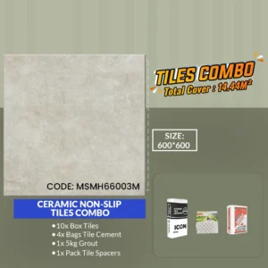 Image of a tiles combo package featuring a 600x600mm Ceramic Non Slip Tiles Combo MSMH66003M with a marbled design. Includes 10 tile boxes, 4 cement bags, 1 grout bag, and 1 pack of spacers. Total coverage: 14.44m².