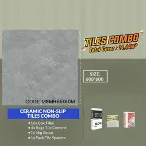 Image of a tiles combo package featuring a 600x600mm Ceramic Non Slip Tiles Combo with a marbled design. Includes 10 tile boxes, 4 cement bags, 1 grout bag, and 1 pack of spacers. Total coverage: 14.44m².