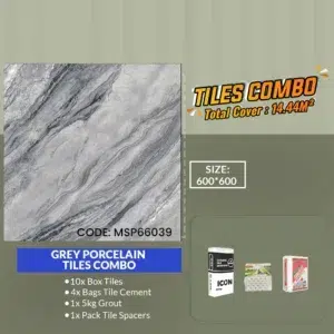 Image of a tiles combo package featuring a 600x600mm Grey porcelain tiles combo (MSP66039) with a marbled design. Includes 10 tile boxes, 4 cement bags, 1 grout bag, and 1 pack of spacers. Total coverage: 14.44m². Code: MSP66039.