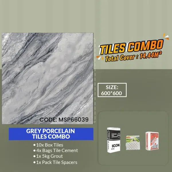 Image of a tiles combo package featuring a 600x600mm Grey porcelain tiles combo (MSP66039) with a marbled design. Includes 10 tile boxes, 4 cement bags, 1 grout bag, and 1 pack of spacers. Total coverage: 14.44m². Code: MSP66039.