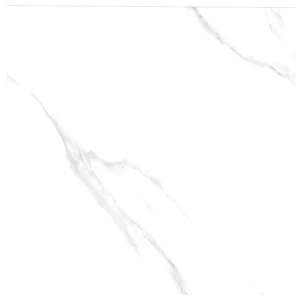 White marble surface with light gray veining, creating a subtle and elegant pattern. The texture gives a sense of smoothness and luxury. Its called Carrara White Porcelain Floor Tiles - Glossy Polished