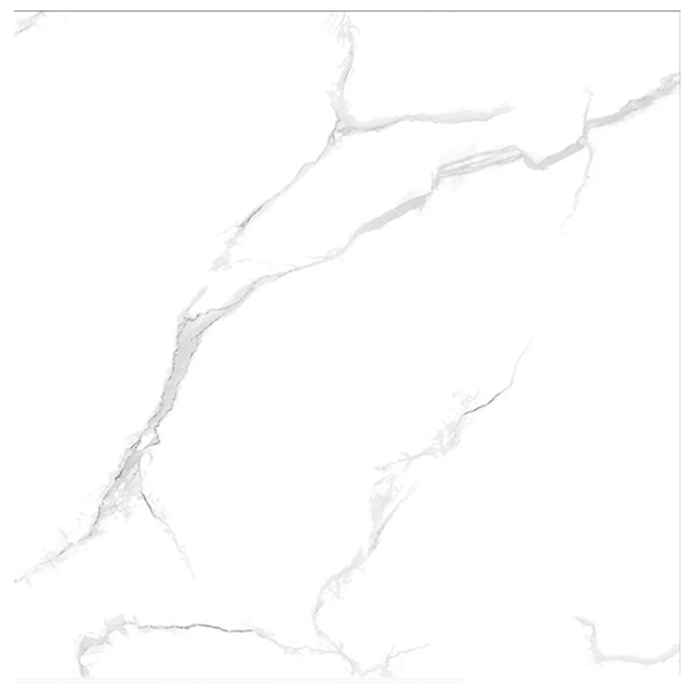 White marble texture with subtle gray veining patterns. The smooth surface features irregular, natural lines, giving it an elegant and classic appearance. Its Called Carrara White Floor Tiles Porcelain