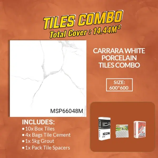 Carrara White Floor Tiles Combo – Glossy Polished – Porcelain – 600x600mm – A-Grade