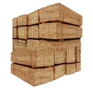 Stacked wooden planks neatly arranged in a rectangular formation on wooden pallets, showcasing their natural texture and color. Its Called Purlin 76x50mm