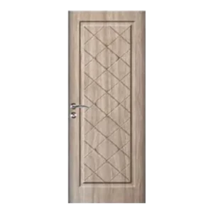 Wooden door with a rectangular panel design featuring a diamond pattern. It has a metallic handle on the left side. The door is set against a plain white background. Its Called Single Heavy Duty PVC Door With Gatsby Design