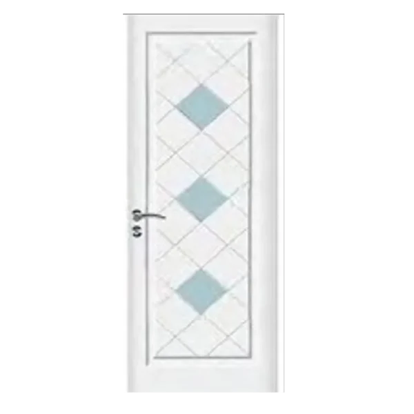 A white door with a frosted glass panel featuring a pattern of blue diamond shapes arranged vertically. The door has a silver handle on the left side. Its Called Single Heavy Duty PVC Door With Glass Emerald Panel