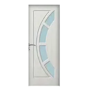 A white door with a curved frosted glass design, featuring three diagonal rectangular glass sections arranged to form a semicircle. There is a silver handle on the left side of the door. Its Called Single Heavy Duty PVC Door Glass Horizon