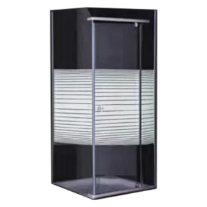 A modern, glass shower enclosure featuring a striped white panel and a sleek chrome showerhead, set against a dark background. Its Called Pivot Shower Door With Stripe Design