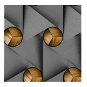 A geometric pattern featuring interlocking gray triangles and wooden spheres. The spheres are centrally placed within the triangular shapes, creating a visually intriguing, repetitive 3D Wallpaper design.