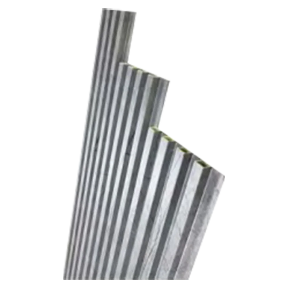 Stacked sheets of corrugated metal, showing their ridged patterns, are leaning against each other at an angle. The texture and reflective surface are visible, with a focus on the linear design of the metal sheets. Its Called WallPanel Grey Marble 20mmx160mmx2.9m