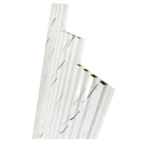 Five white paper straws with a subtle black stripe design, stacked in a slight diagonal arrangement. Its Called 20mmx160mmx2.9m WallPanel White Enigma