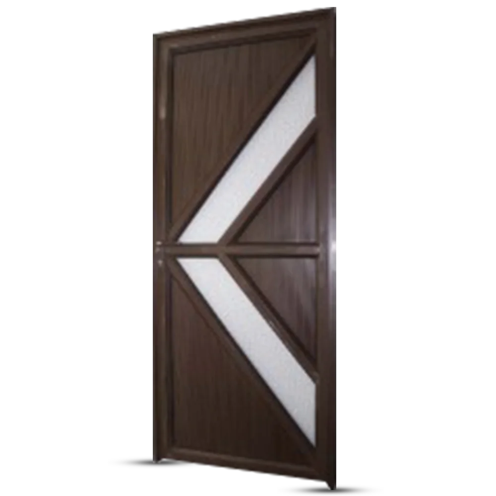 A modern brown wooden door with a geometric design featuring a white triangular panel. Its Single Aluminium Fancy Door