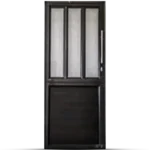 A black metal door with three vertical frosted glass panels on the upper half and a solid metal lower half. A vertical handle is visible on the right side of the door.Its Called Aluminium Budget Door 3 Panel!