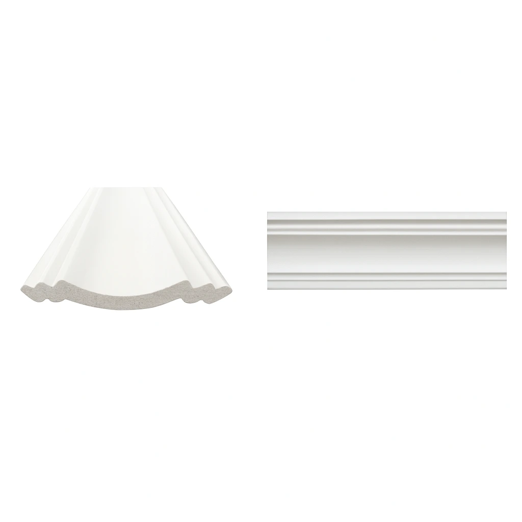 Two white decorative molding pieces: one scalloped design and one simple raised panel, displayed side by side on a black background. Its Called White EPS Plain Cornice 11mmx122mmx2m