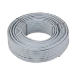 A neatly coiled roll of white wire, several layers thick, resting on a flat surface against a plain background. Its Called 2.5mm Twin & Earth Flat Sabs Cable 100m Roll