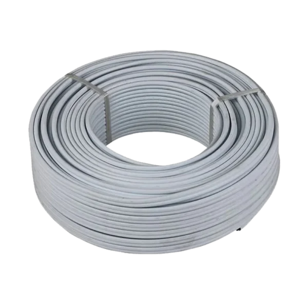 A neatly coiled roll of white electrical wire, showcasing its smooth texture and uniform thickness. 2.5mm Twin & Earth Flat Budget Cable (100M Roll)