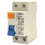 A white NUR ID263 circuit breaker labeled for 63A, 230V with a blue switch and orange test button, designed for electrical safety. Its Called 63AMP Din Rail Earth Leakage 3Ka