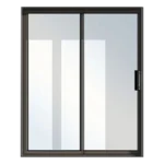 A window with a handle, rectangular in shape, set indoors, allowing light to enter the space. Its Called Aluminium 2 Panel Sliding Glass Door 2.4 X 2.1M