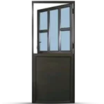 Black wooden door with four rectangular glass panels on top and a solid lower half, partially open against a white wall. Its Called Aluminium Stable Door With 4 Panel