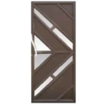 A modern door design featuring a geometric pattern with diagonal and triangular shapes in dark brown. It includes frosted glass segments and a sleek silver handle on the left side. Its Called Aluminium Fancy Full Door (1879)