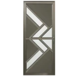 A metal security door with a geometric design featuring diagonal and vertical lines in a metallic frame, with frosted glass panels. The pattern is symmetrical, creating a modern and contemporary look. Its Called Aluminium Fancy Single Door (1968) (BEAUTY YS)