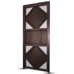 A brown metal security door with two large diamond-shaped and one rectangular dark panels set within white frame sections. The door is slightly ajar, displaying its sturdy design. Its Called Aluminium Fancy Full Door (MWD55) (AB10)