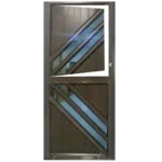 A dark brown door featuring diagonal glass panels with blue accents and a unique asymmetrical window design. Its called Aluminium Fancy Stable Single Door (MWD04A) (1887)