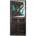 A dark-framed door with a diamond-patterned glass panel on top and solid wood planks below, set against a blue backdrop. Its Called Aluminium Fancy Stable Door (MWD07A) (1892)