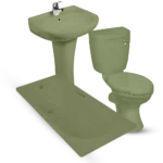 A set of green bathroom fixtures, including a pedestal sink with a faucet, a toilet with a closed lid, and a bathtub. The fixtures are arranged against a plain background. Total Set name: Bathroom Set 7 Pieces Avocado