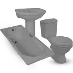 A bathroom set 7 pieces including a white bathtub, a pedestal sink, and a toilet with a closed lid. All fixtures are arranged against a black background, highlighting their clean, modern design.