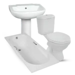 Bathroom set on a white background, including a white pedestal sink, a wall-mounted toilet, and a white bathtub.