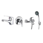 Chrome bathroom fixtures including a modern faucet with single handle, a wall-mounted handle, and a shower faucet with attached handheld shower head. Its Called Bathroom Mixer Set