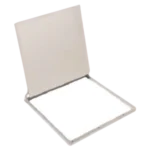 A sleek, rectangular compact makeup case with an empty white interior and a light-colored lid, reminiscent of a ceiling trap door.