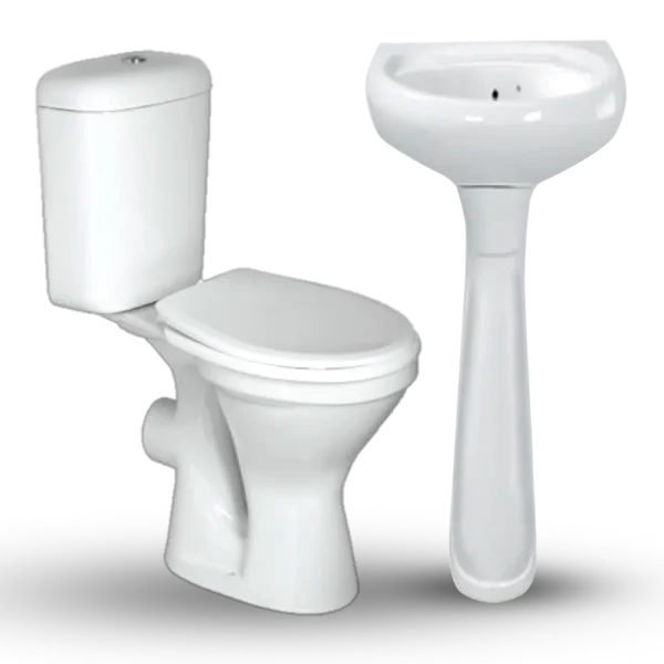 A modern white toilet and a pedestal sink, showcasing sleek and contemporary bathroom fixtures. Its called Close Couple And Basin Set 6 Pieces