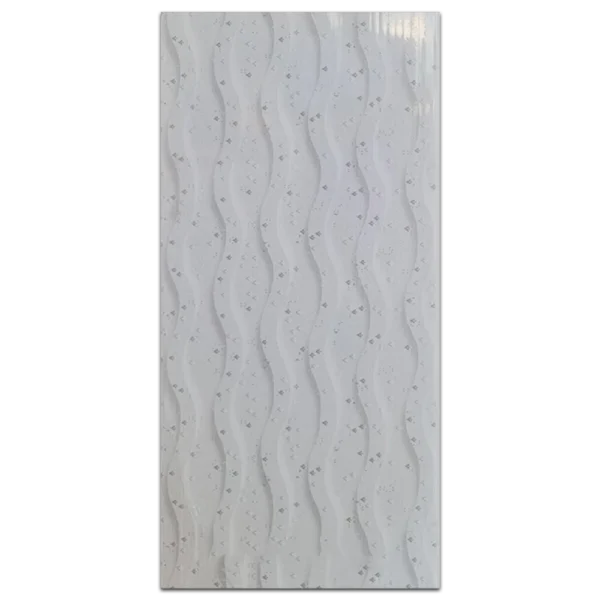 Textured white panel featuring wavy patterns and subtle flecks, resembling rippling water or soft fabric. Its White PVC Ceiling with wavy patterns