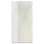 A textured wavy design in soft white, paired with a dotted pattern on the left side, creating a visually striking contrast. Its Soft White PVC Ceiling Panel