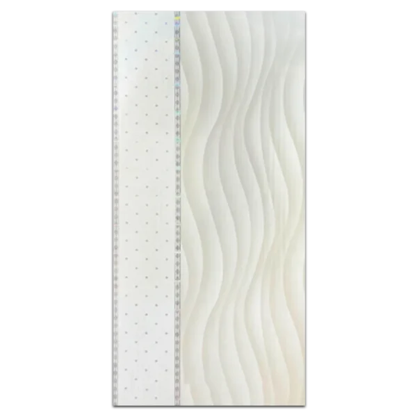 A textured wavy design in soft white, paired with a dotted pattern on the left side, creating a visually striking contrast. Its Soft White PVC Ceiling Panel